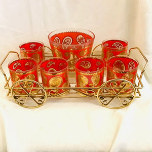 Vintage Culver Red & Gold Paisley Cocktail Set