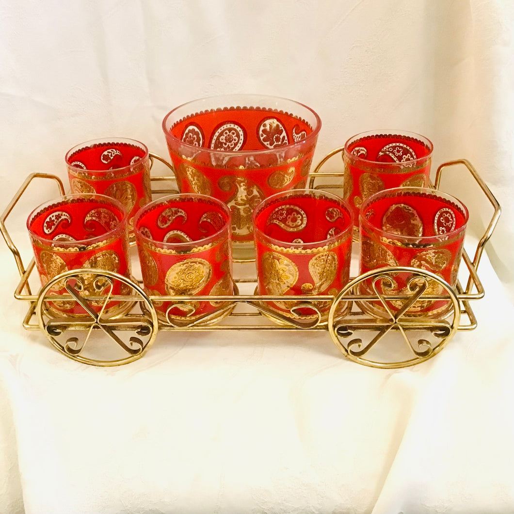 Vintage Culver Red & Gold Paisley Cocktail Set