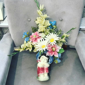 Vintage Royal Copley Farm Girl Vase with 1960s Fake Flowers