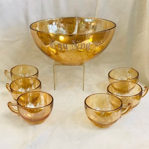 Vintage Jeanette Marigold Glass Egg Nog Punch Bowl Set