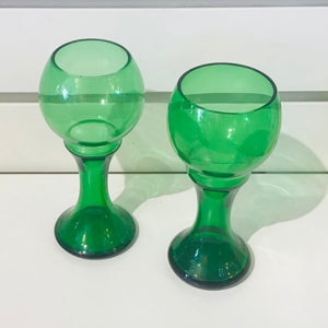 Vintage Hollow Stemmed Green Glass Goblets