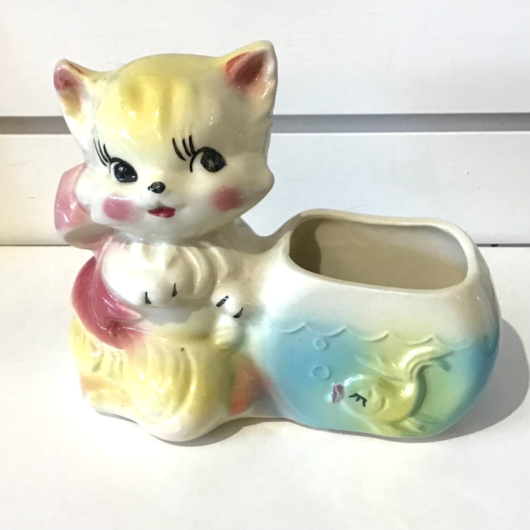 1950s American Bisque Cat & Fishbowl Planter