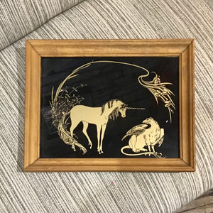 1970s Unicorn & Gryphon Painted Glass Art