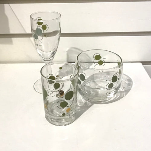 Vintage Federal Glass Green & Gold Dots Cocktail Glasses