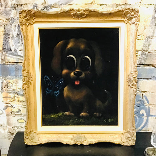 1960s Dog and Butterfly Black Velvet Painting