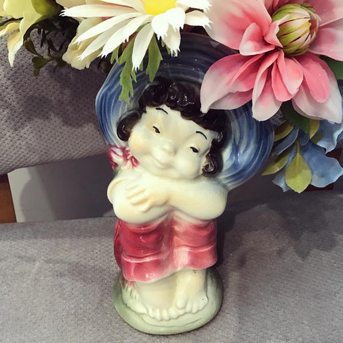 Vintage Royal Copley Farm Girl Vase with 1960s Fake Flowers