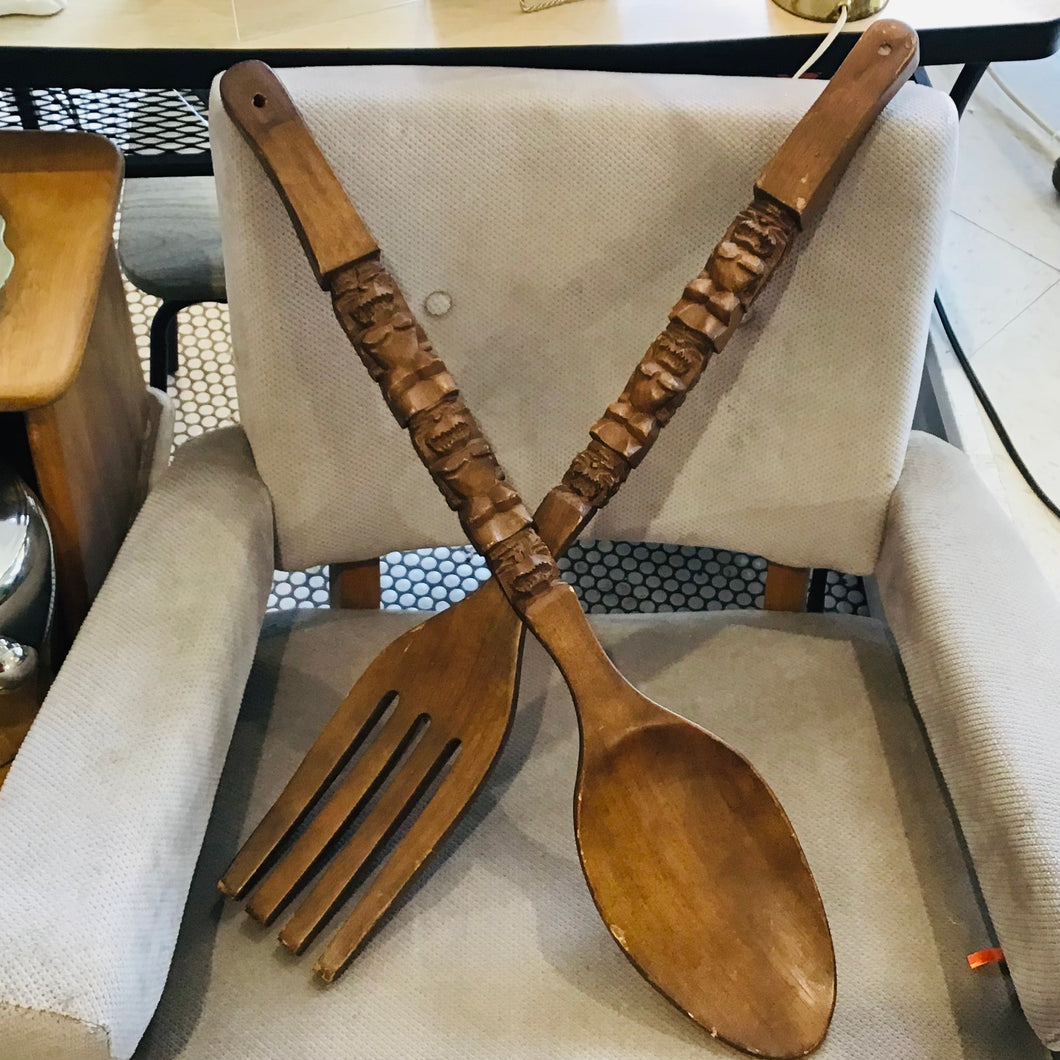 Vintage Oversize Carved Tiki Fork & Spoon