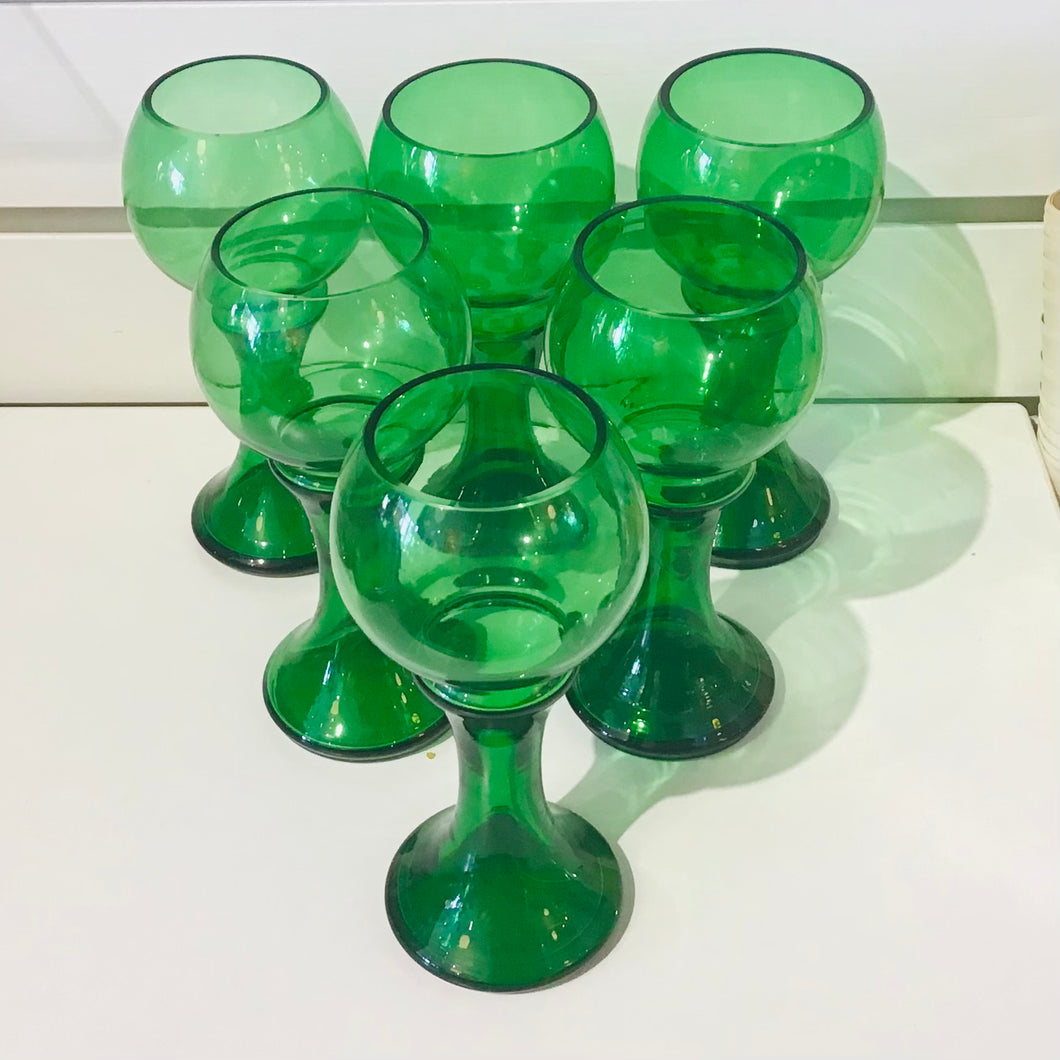 Vintage Hollow Stemmed Green Glass Goblets