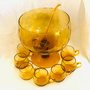 Vintage Amber Glass Punch Bowl Set