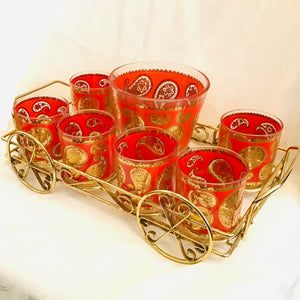 Vintage Culver Red & Gold Paisley Cocktail Set