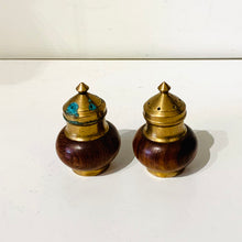 Load image into Gallery viewer, Wood and Brass Salt &amp; Pepper Set