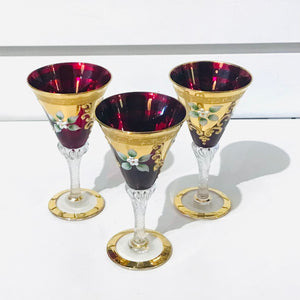 Set of 3 Red & Gold Bohemian Cordial Glasses