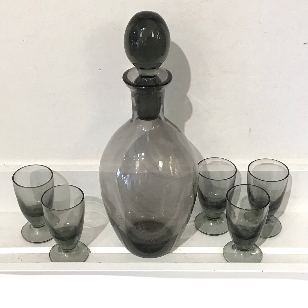 Vintage Smoked Glass Decanter & Aperitif Glasses
